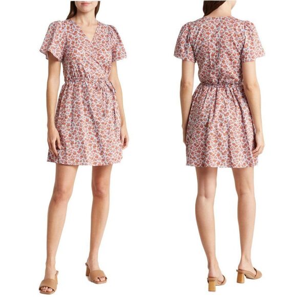 Madewell Fiore Floral Short Sleeve Cotton Wrap Dress Fiore Print Pale Dawn NWOT - Picture 1 of 10
